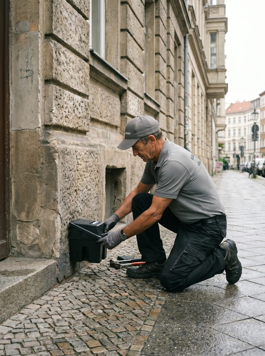 Kontrolle und Monitoring von Köderboxen an Hausfassade Berlin